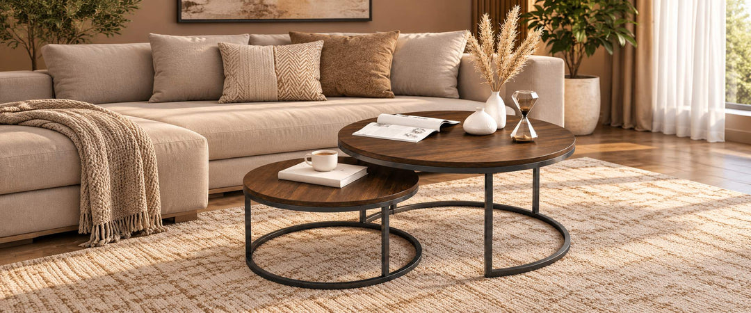 Two dark walnut round nesting tables with black metal frames in a warm neutral living room