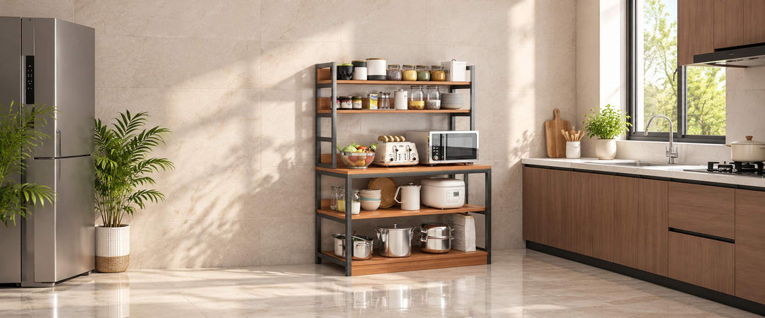 Five-tier wood and black metal baker's rack with a microwave and kitchenware in a sunlit kitchen