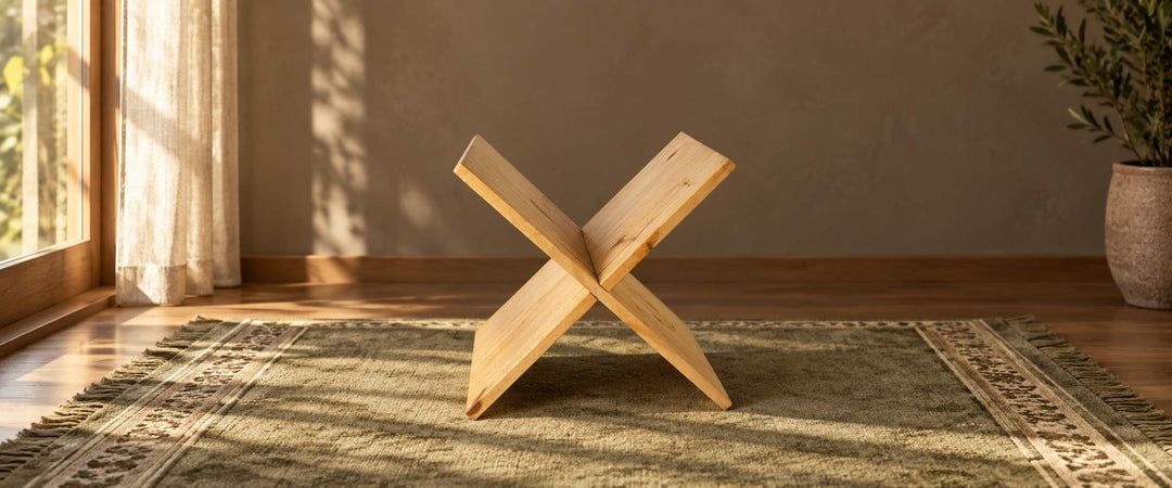 Natural solid-wood X-shaped Quran reading stand in a daylit prayer corner