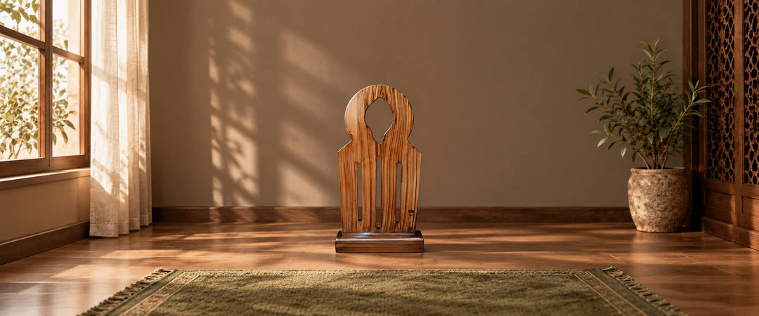 Woodgrain prayer sutrah with an arched cutout and three slots in a quiet prayer corner