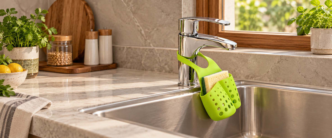 Lime-green perforated silicone sink organizer holding a sponge beneath a kitchen tap