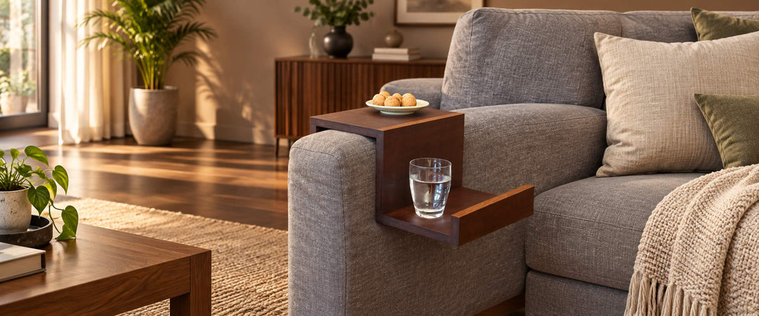 Dark solid wood couch-arm table with an upper snack surface and lower drink ledge on a grey sofa