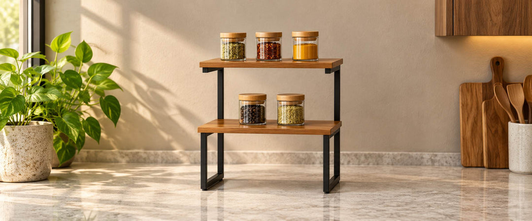 Two-tier rustic brown spice rack with a black metal frame and spice jars on a kitchen counter