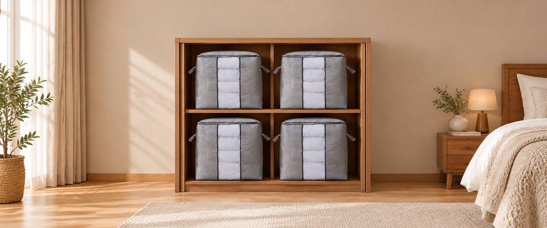 Four grey quilt storage bags with clear front windows arranged in open bedroom wardrobe shelves