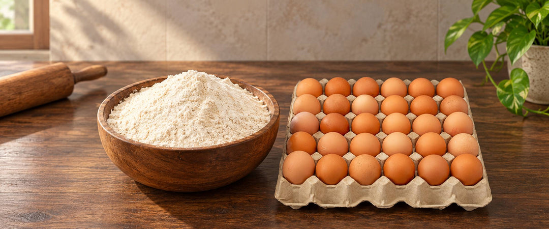 Whole wheat atta in a wooden bowl beside a tray of thirty brown eggs on a kitchen counter