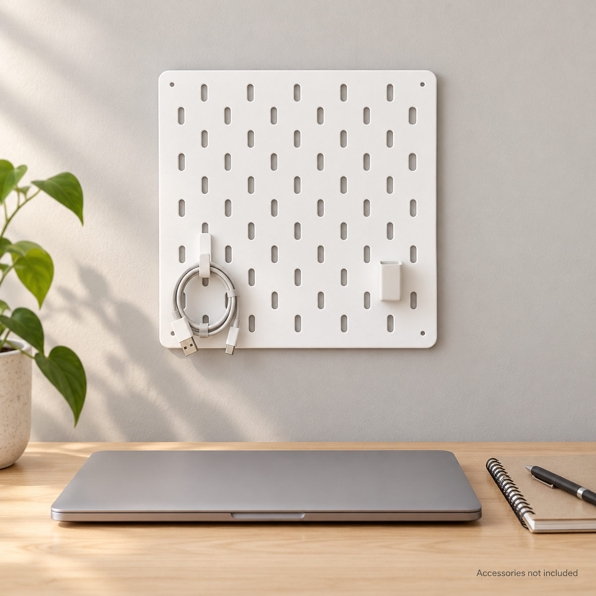 White modular pegboard wall organizer shown in an illustrative desk setup; accessories not included