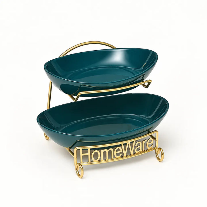 Two teal serving bowls in a gold Homeware stand