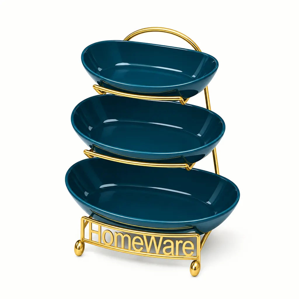 Three teal serving bowls stacked in a gold Homeware stand
