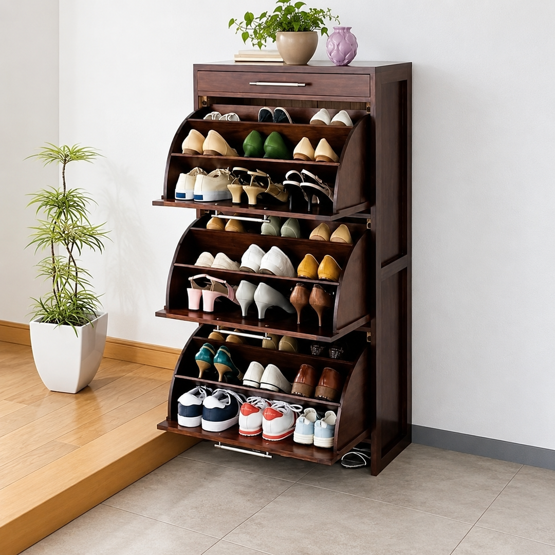 Dark brown three-tier wooden shoe rack with rolling doors open, filled with shoes