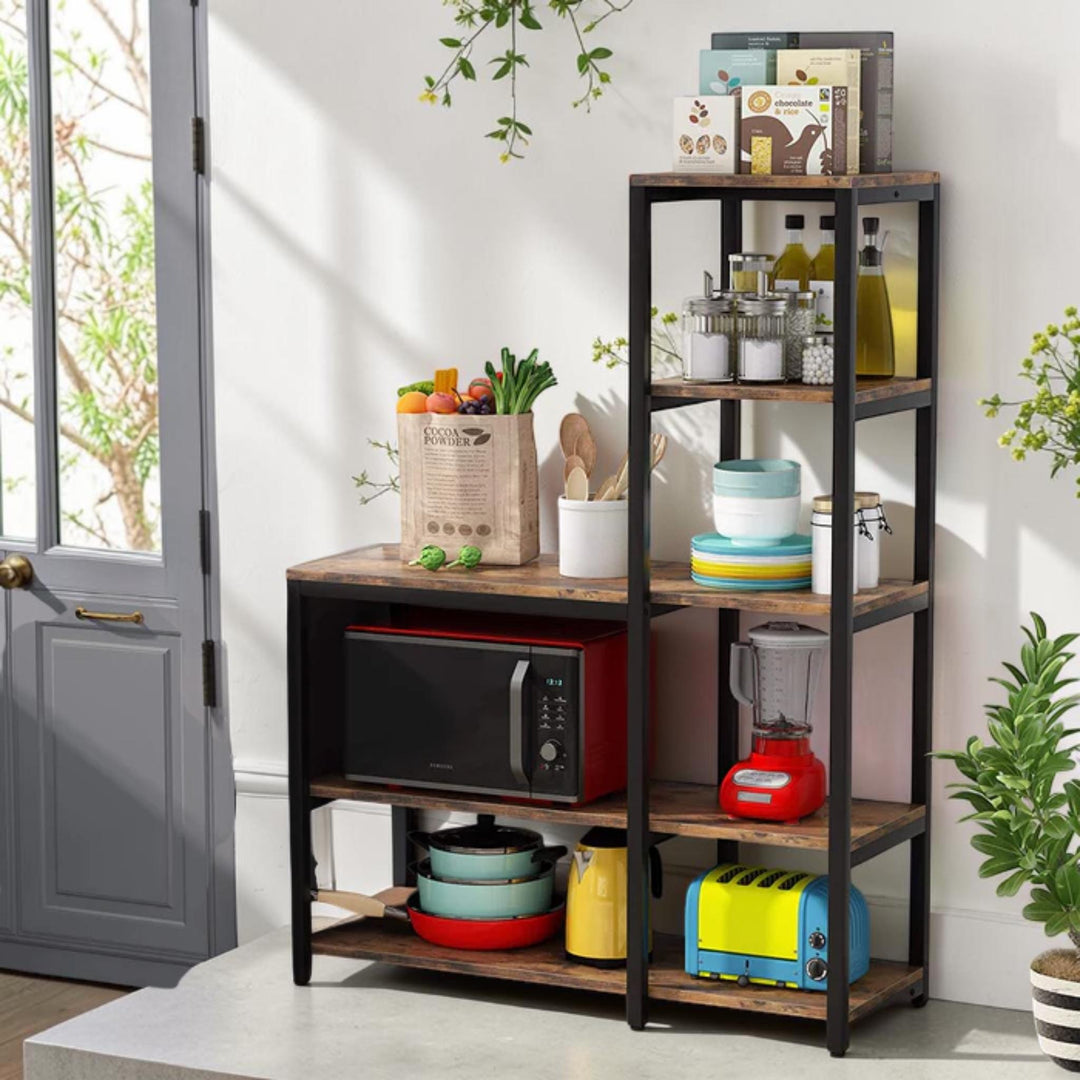 Five-tier kitchen baker’s rack with rustic wood shelves and black metal frame