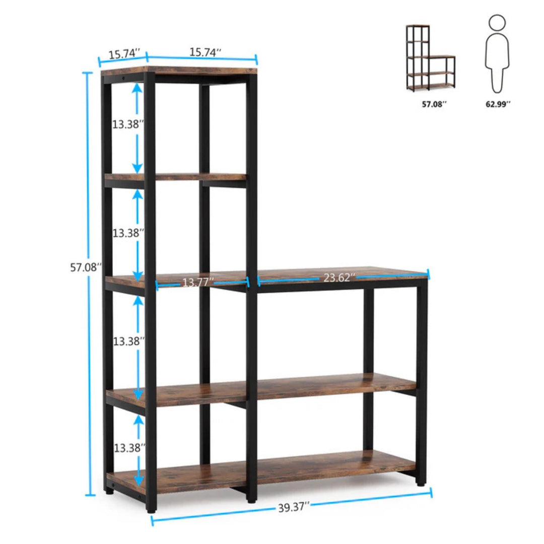 Freestanding microwave stand showing five open kitchen storage shelves