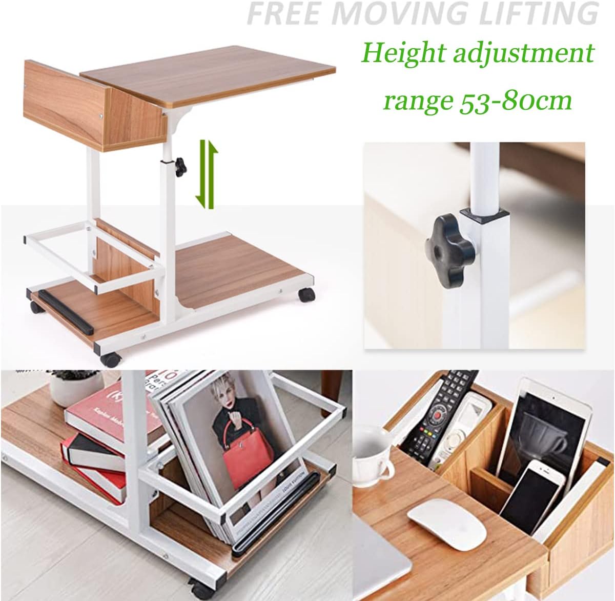 Movable Bed Side Computer Table With Wheels Storage Adjustable Table ...