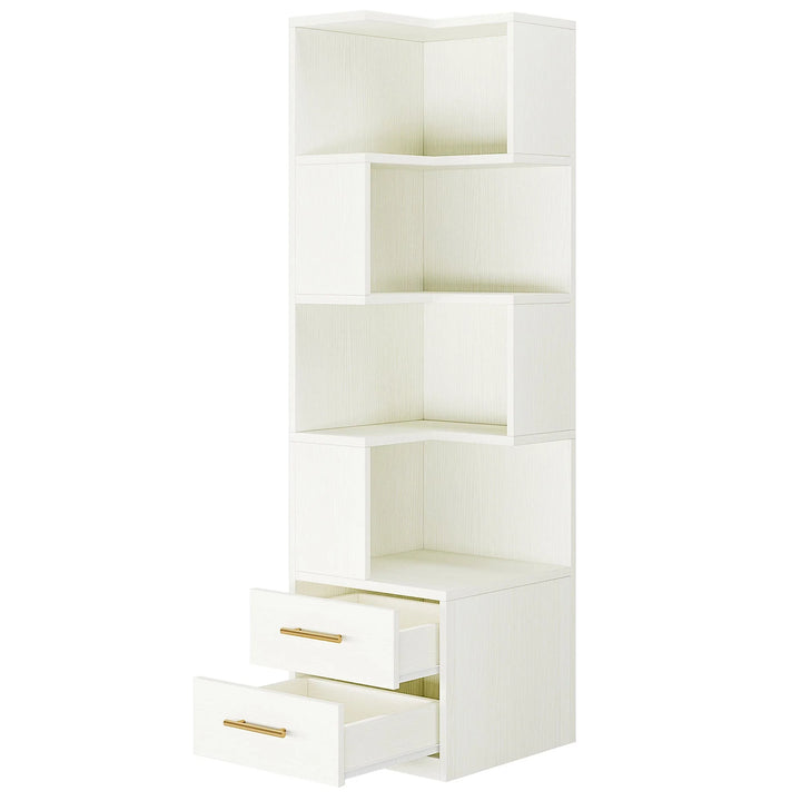 Minato L-Shaped Bookshelf, Corner Bookcase With 5-Tier Shelf And 2 Drawers READY TO DISPATCH SPRCIAL