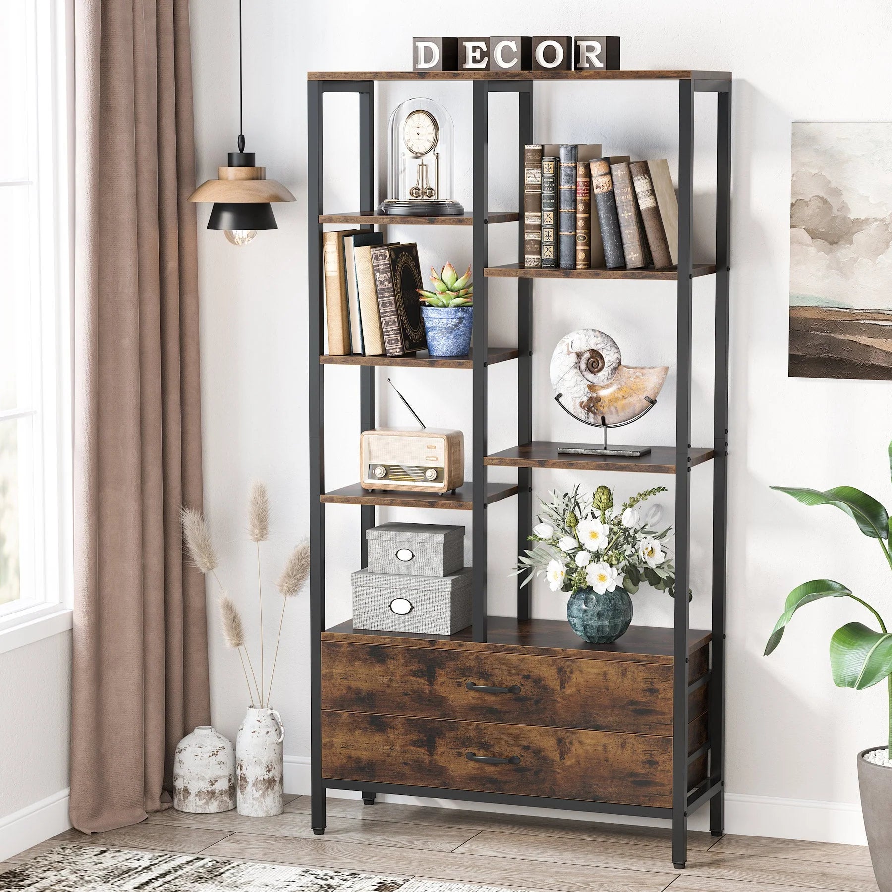 Okara Living Lounge Bookshelf with 2 Drawers & Shelves Bookcase Organizer Rack