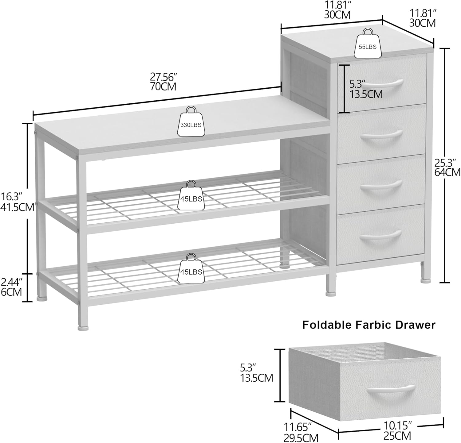 OTICA 3-Tier Drawers Seating Storage Shoe Industrial Entryway Rack