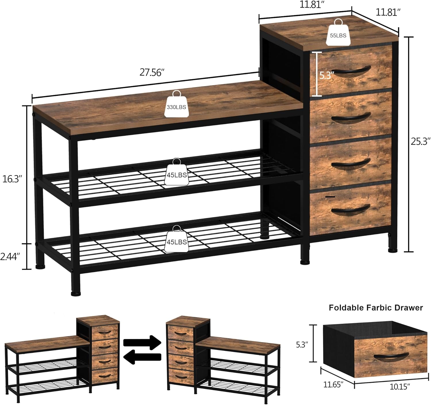OTICA 3-Tier Drawers Seating Storage Shoe Industrial Entryway Rack