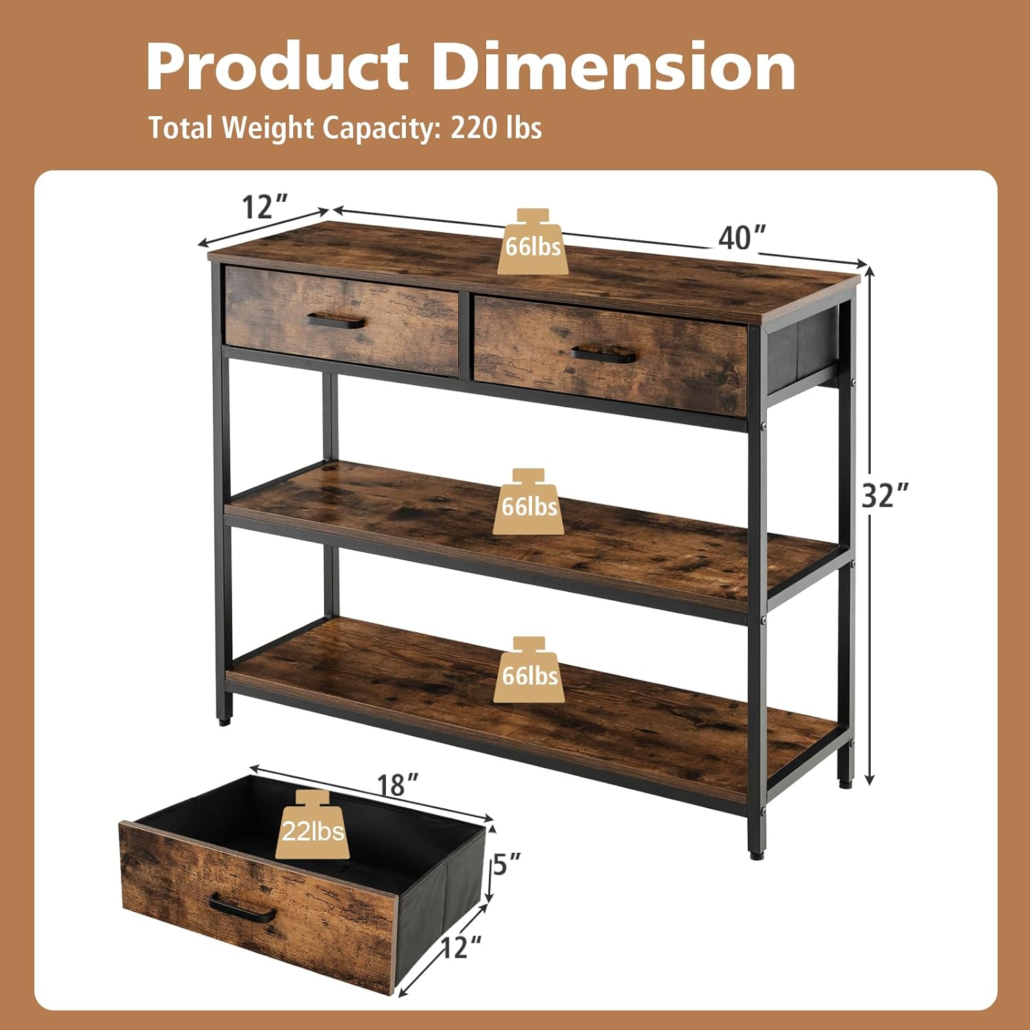 Kotulu Industrial Hallway Entryway Living Room Drawing Media LED Console Table