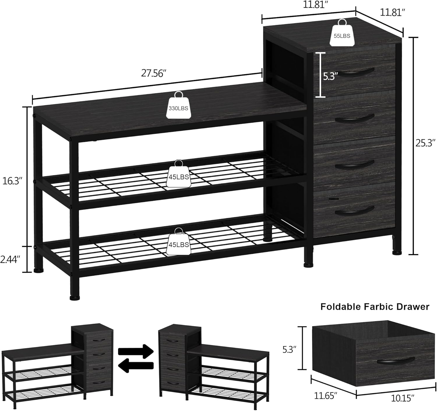 OTICA 3-Tier Drawers Seating Storage Shoe Industrial Entryway Rack