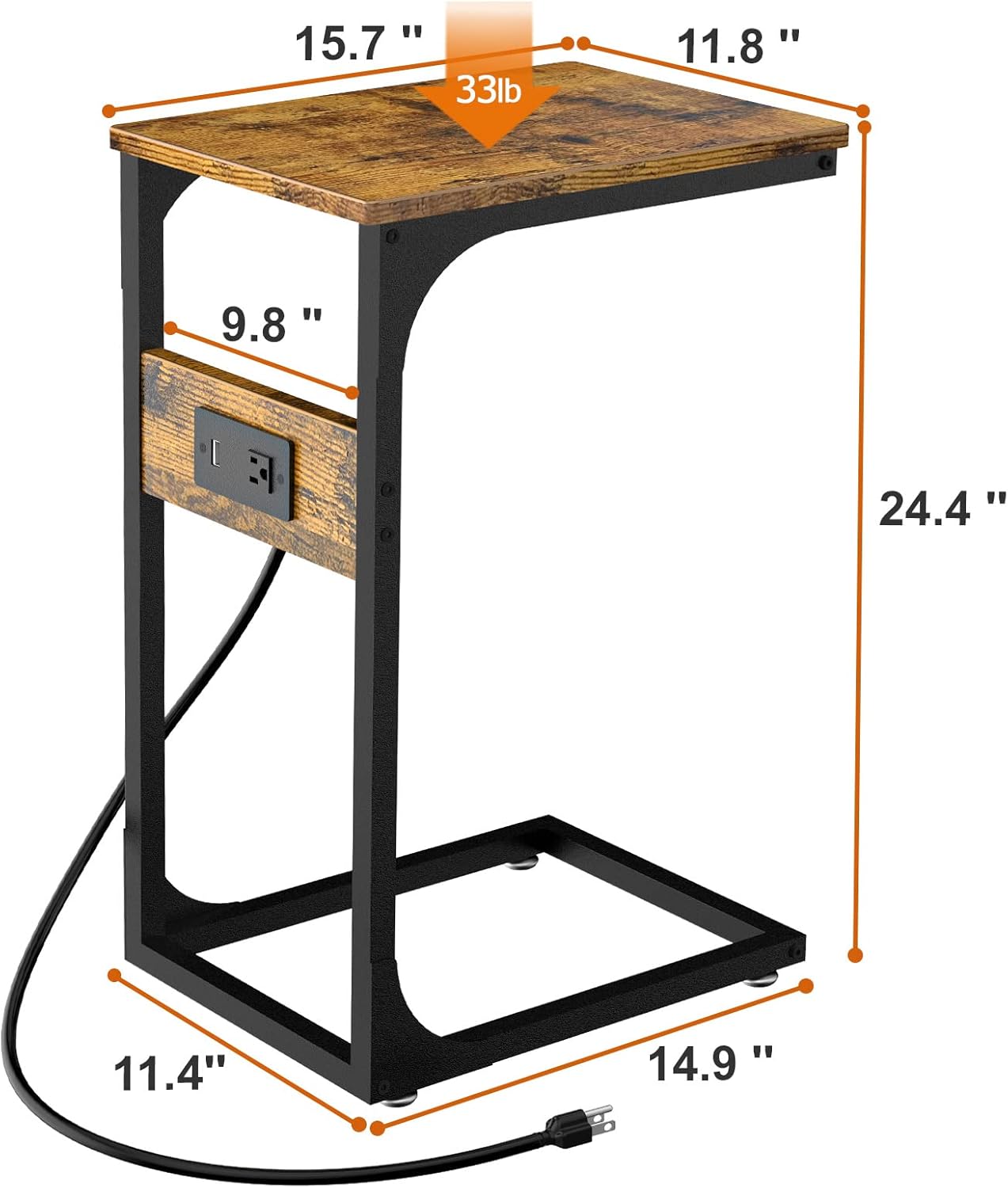 Erja C Shaped End Side Table with Charging Station