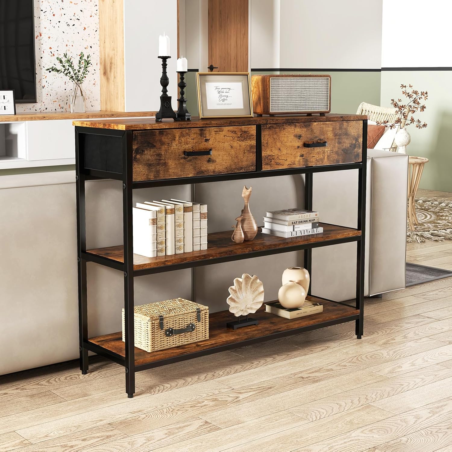 Kotulu Industrial Hallway Entryway Living Room Drawing Media LED Console Table