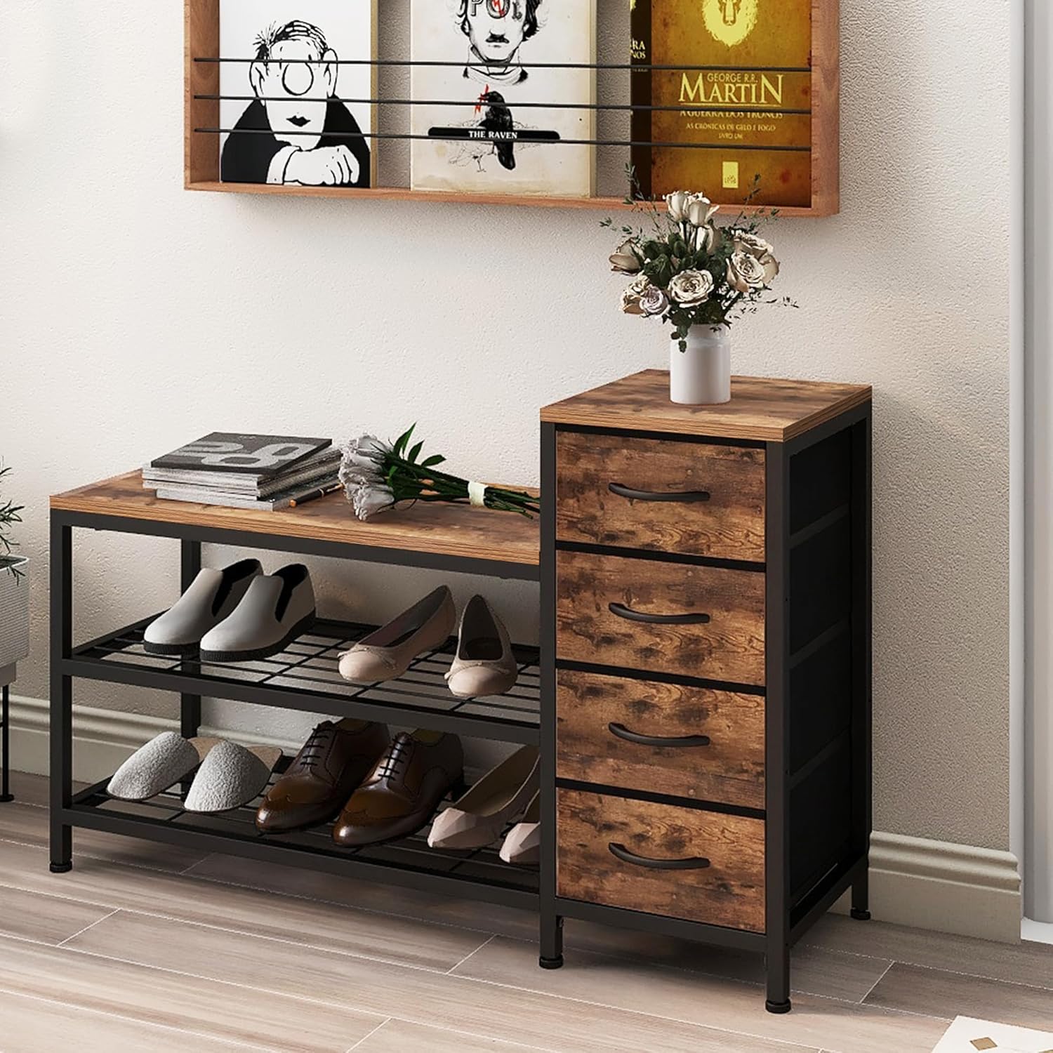 OTICA 3-Tier Drawers Seating Storage Shoe Industrial Entryway Rack