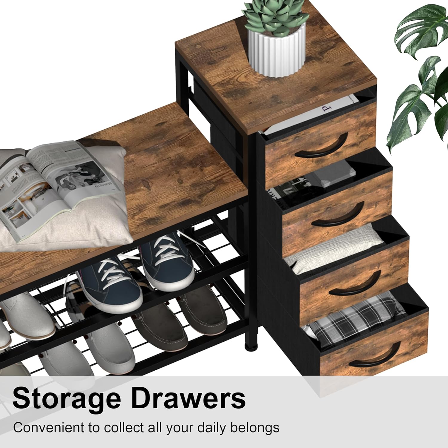 OTICA 3-Tier Drawers Seating Storage Shoe Industrial Entryway Rack
