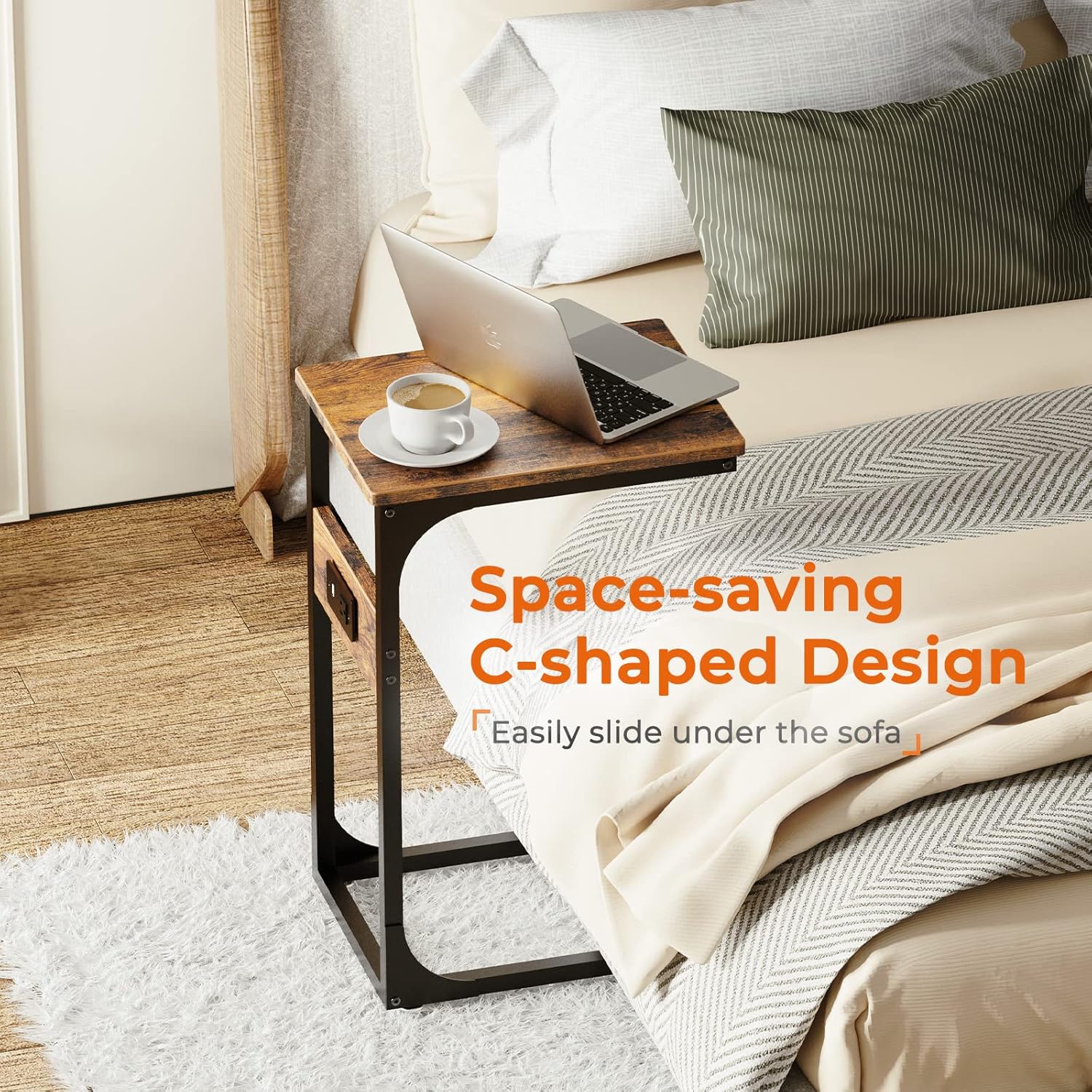 Erja C Shaped End Side Table with Charging Station
