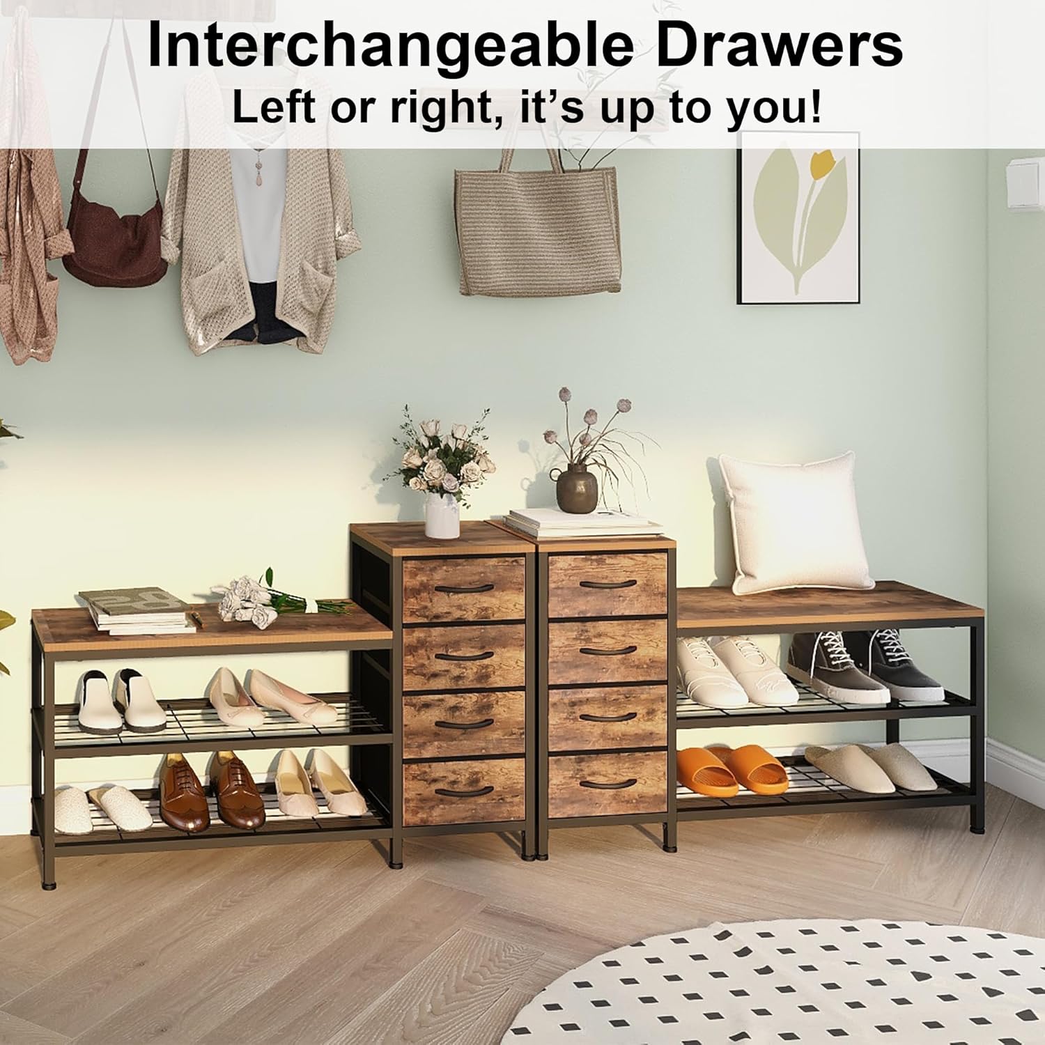 OTICA 3-Tier Drawers Seating Storage Shoe Industrial Entryway Rack