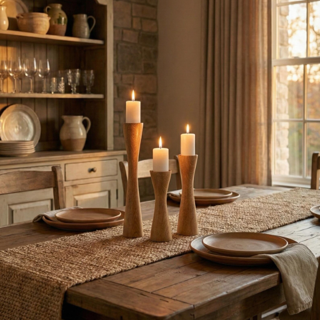 Triolaa Living Lounge Table Wooden Candle Holder Stand (Set of 3)