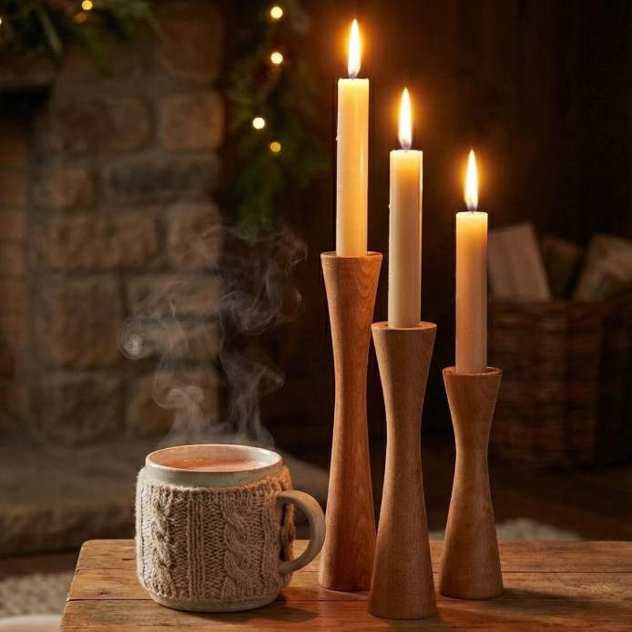 Triolaa Living Lounge Table Wooden Candle Holder Stand (Set of 3)