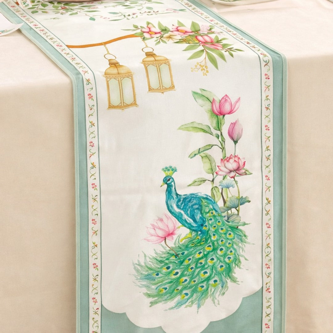 Peacock and lotus print table runner on cream fabric