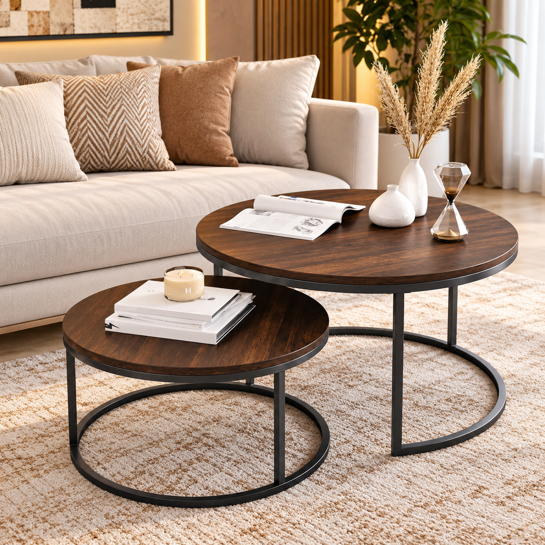Dark walnut round nesting centre tables with black metal frames beside cream sofa on woven rug