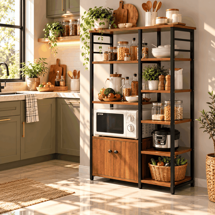 Tall rustic brown bakers rack with black frame, microwave and potted plants in sunlit kitchen