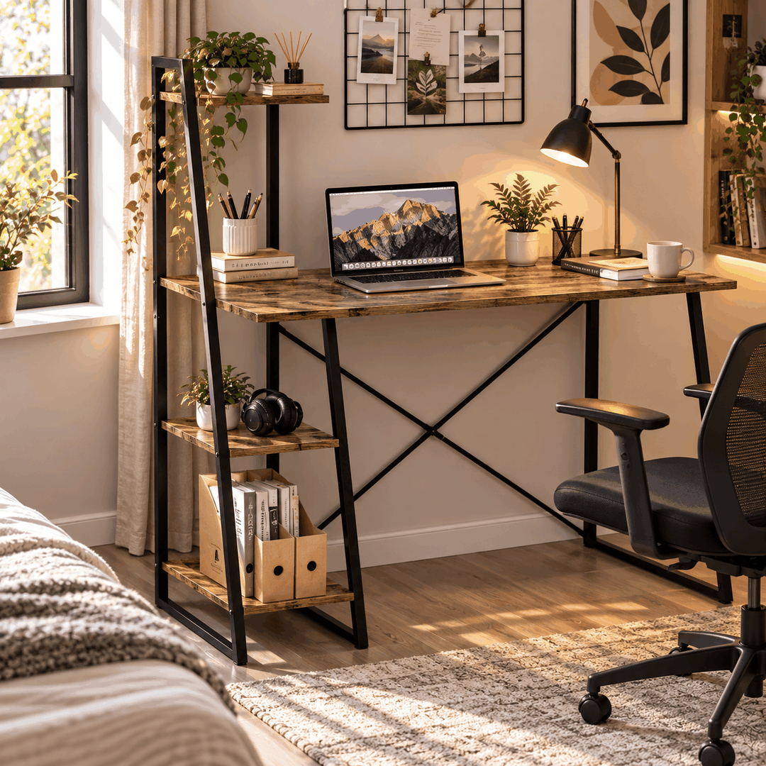 Workstation desk with laptop and tall side bookshelf in bedroom corner with plants