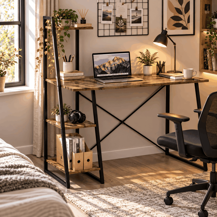 Workstation desk with laptop and tall side bookshelf in bedroom corner with plants
