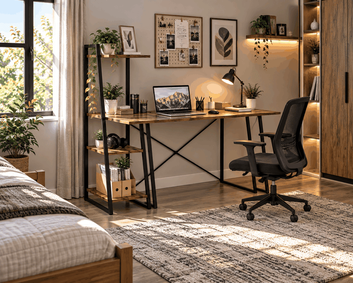 Rustic brown home office desk with black frame and side shelves beside large window