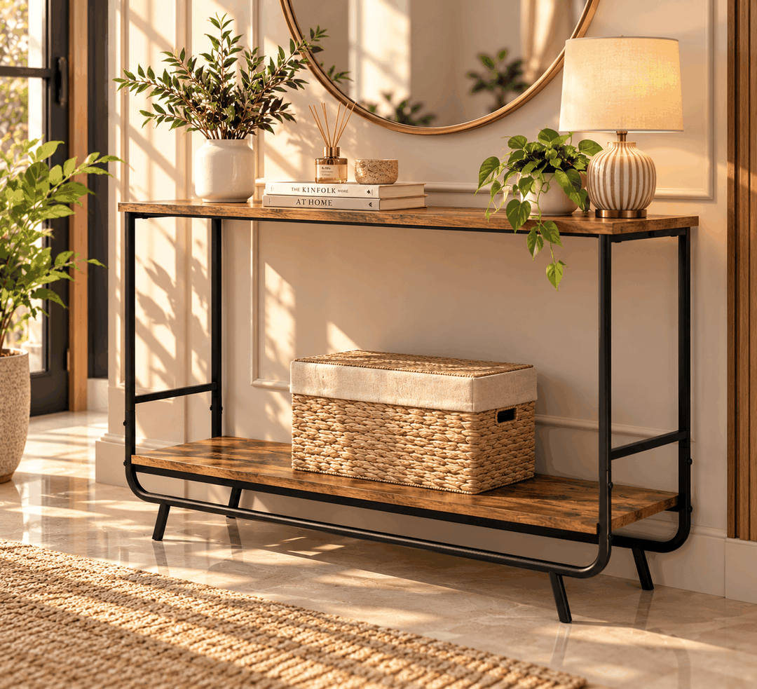 Rustic wood console table with black metal frame, woven basket and plants under round mirror