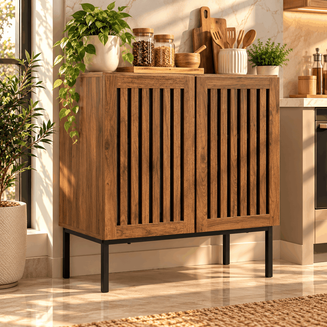 Walnut storage cabinet with vertical slat doors and black legs, angled view on jute rug