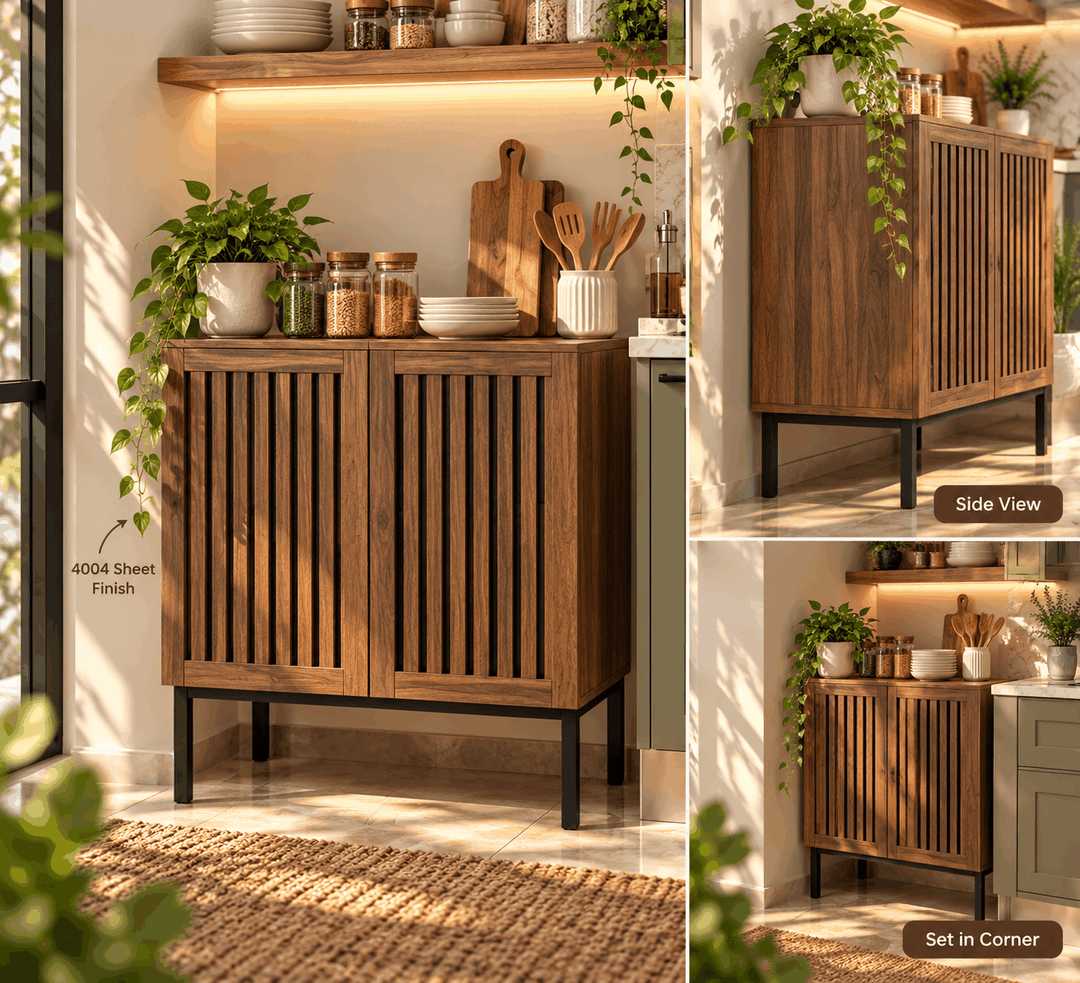 Collage of walnut slatted door storage cabinet in kitchen with side view and corner placement