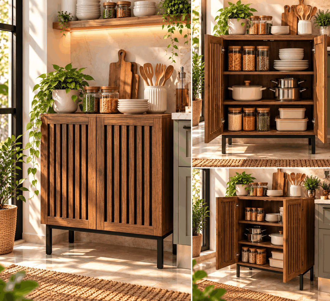 Collage of walnut storage cabinet with doors closed and open showing jars and cookware inside