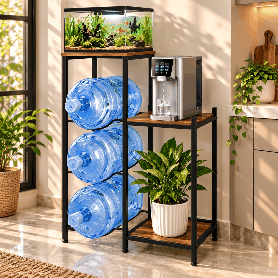Tabletop water bottle holder rack storing three blue bottles with plant on side shelf