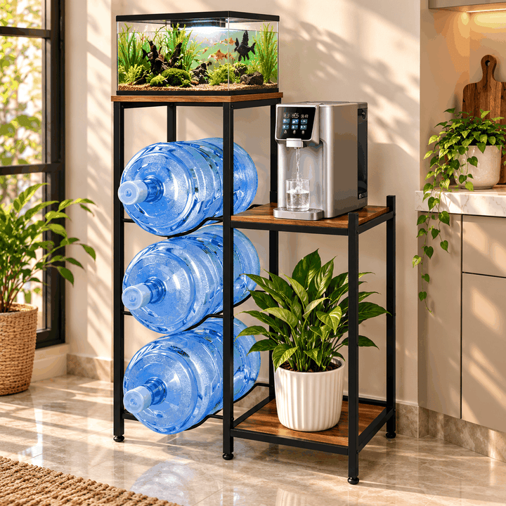 Tabletop water bottle holder rack storing three blue bottles with plant on side shelf