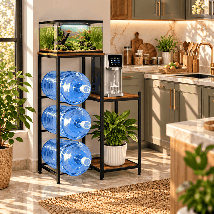 Black metal water bottle holder rack with three stacked water bottles in sunny kitchen