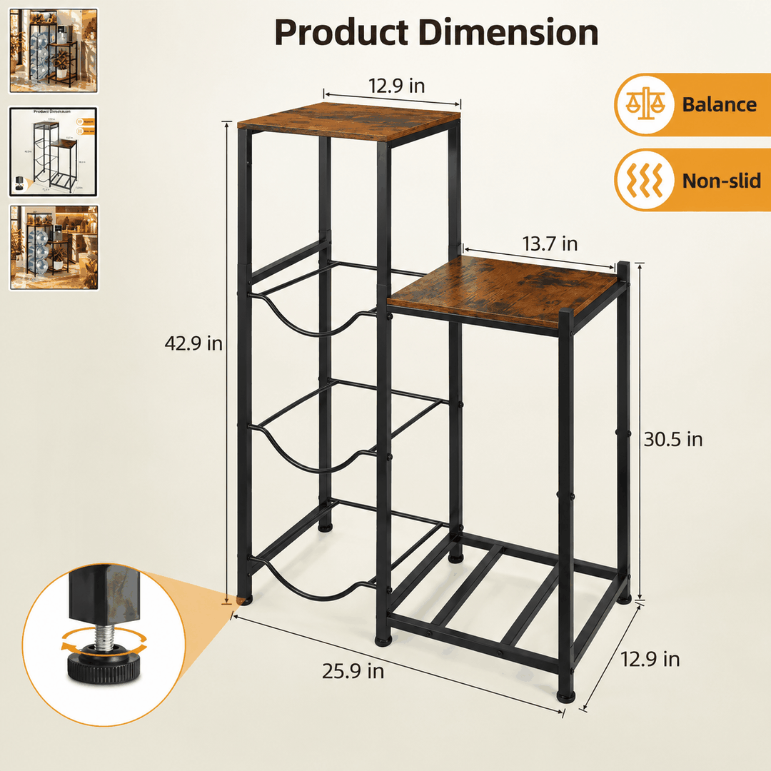Dimension diagram of black metal water bottle holder rack with two rustic wood shelves