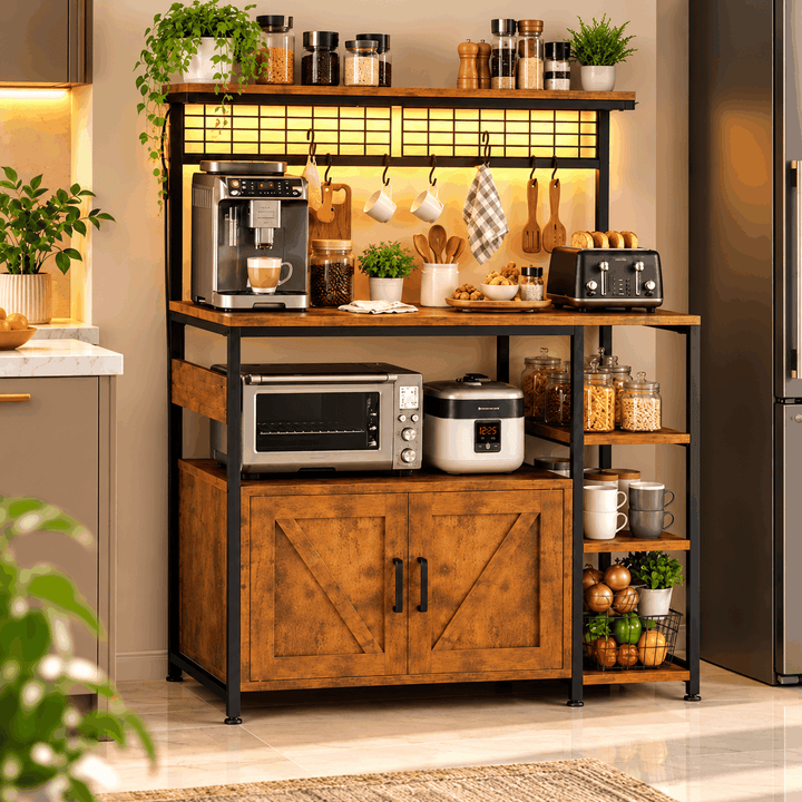 Rustic brown bakers rack with LED light, lower cabinet, microwave and coffee machine in kitchen