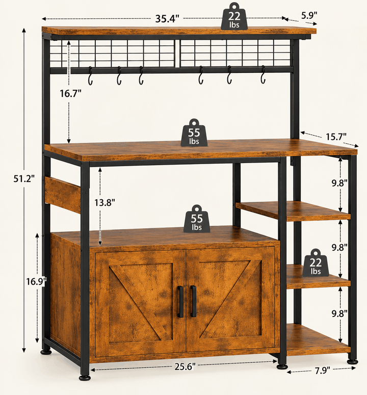 Dimension diagram of rustic brown bakers rack with hutch, hooks and double door cabinet