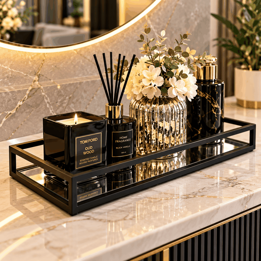 Black rectangular mirrored tray holding a diffuser and decorative bottles