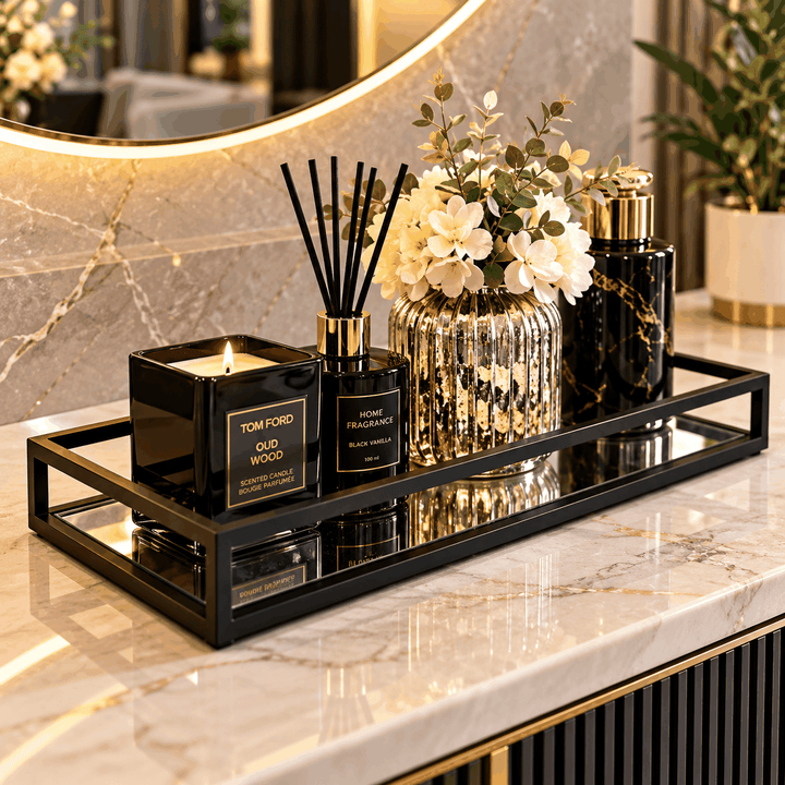 Black rectangular mirrored tray holding a diffuser and decorative bottles