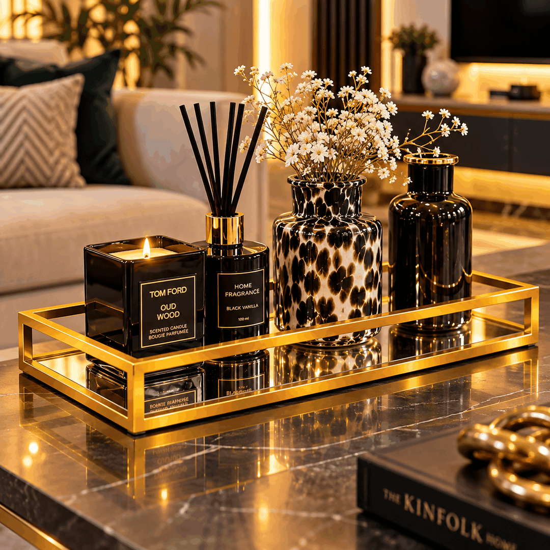 Gold rectangular mirrored tray with black handles holding decorative bottles