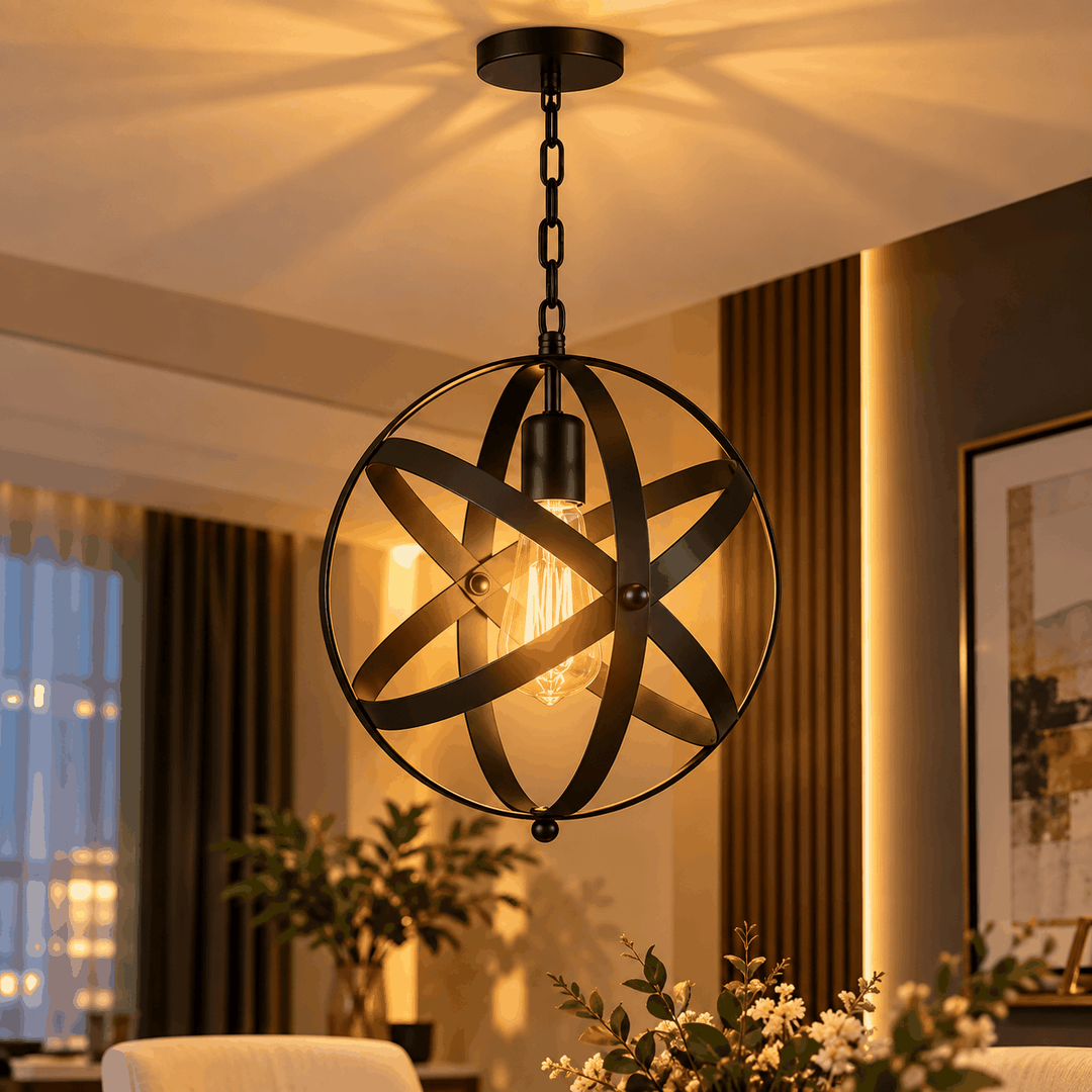Close-up of an illuminated black pendant light with intersecting rings